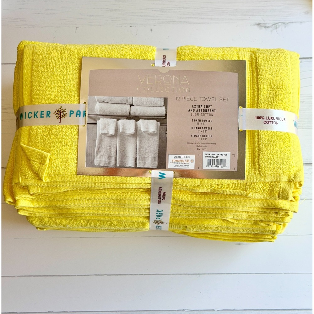 NWT Set of 12 100% Cotton Extra Soft Towels 2 Bath 4 Hand 6 Washcloths Yellow
